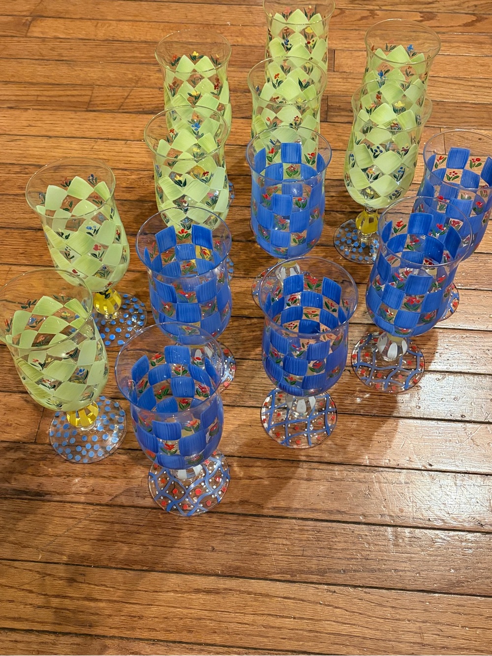12 Glass Goblets Hand Painted Blue & light Green Checkered With Petal Flowers